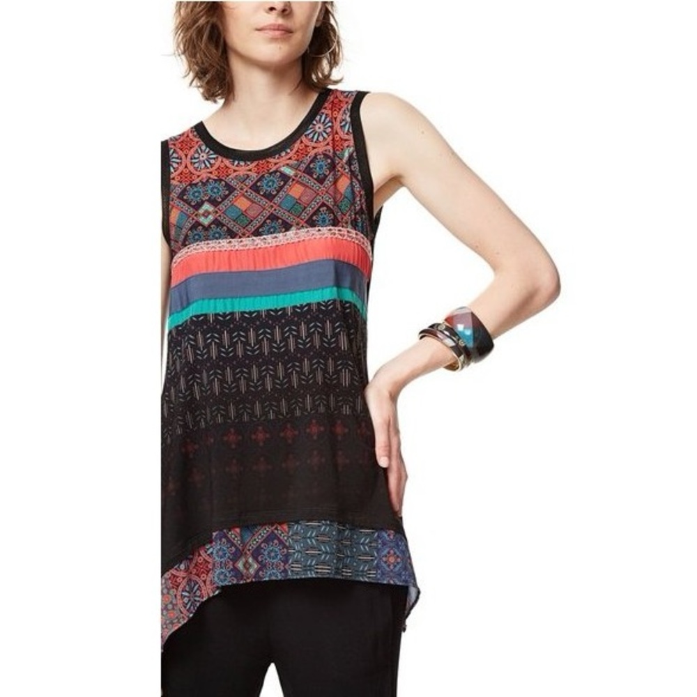 Desigual Meria Tunic Tank ribbon embellished Bohemian Beauty Size M